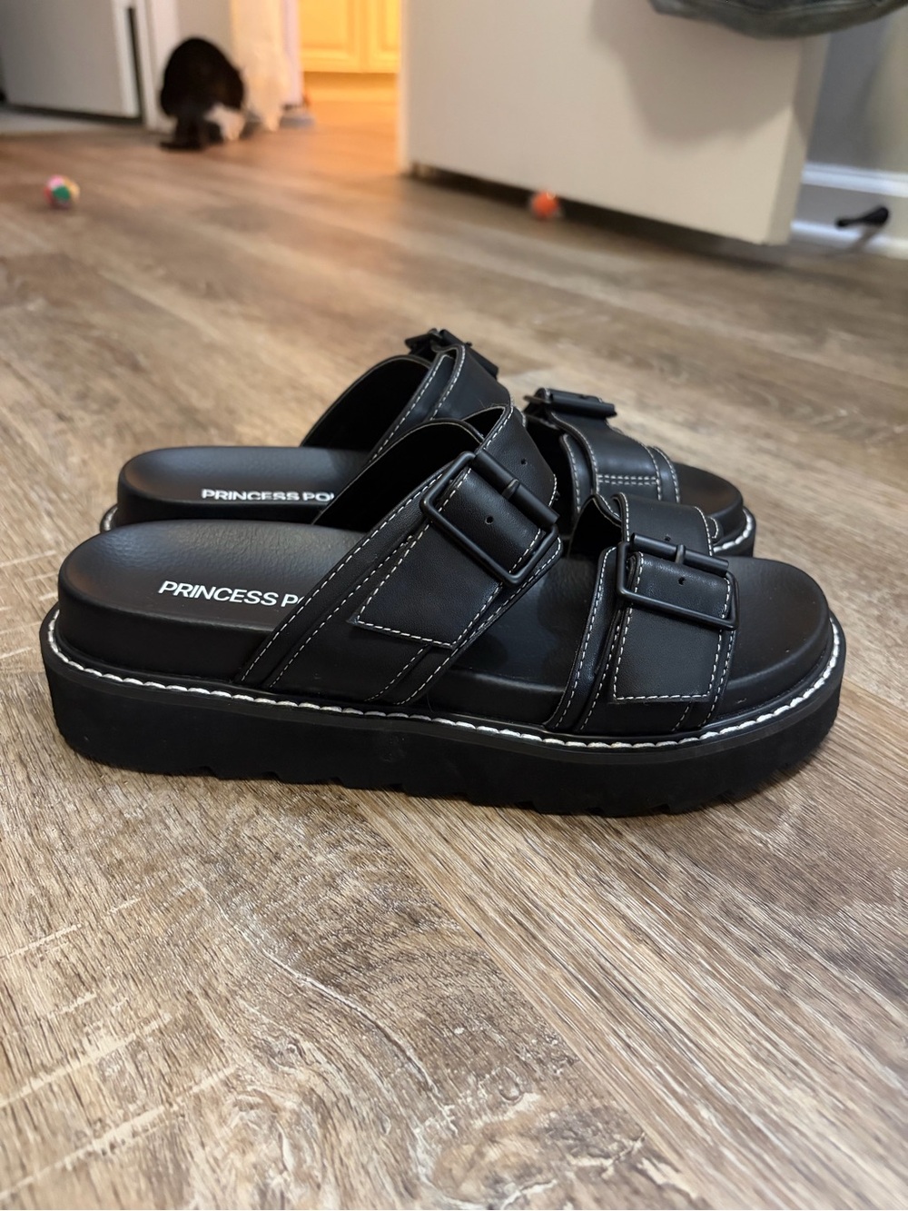 Princess Polly Black Double Buckle Slide Sandals - Picture 2 of 4